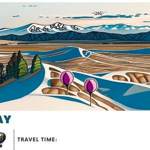 Op de afbeelding: Een artistieke landschapsillustratie met besneeuwde bergen, een kronkelende blauwe rivier en gestileerd terrein. Twee roze en paarse ballonachtige vormen staan op de voorgrond. Het woord "DAY" staat onderaan, samen met een luchtballongrafiek.