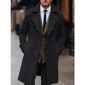 Pardessus croisé noir pour hommes : élégant manteau mi-long avec revers