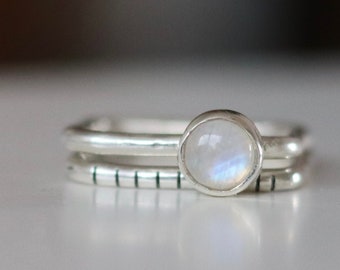 Unique silver ring set  for Woman  6mm moonstone stacking square rings modern for every day