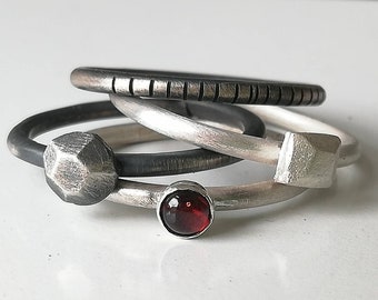 Silver ring set for women gemstone garnet  silver geometric stacking cool modern minimalist