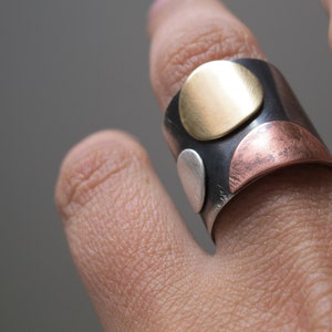 Mix metal Wide band sterling silver ring, brass copper and  silver for woman unique, geometric cool