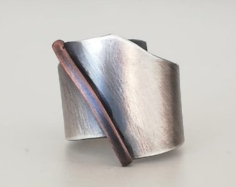 Wide Band Silver Ring - Geometric ring mix metal