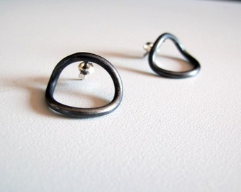 Black oxidized silver inward bent oval earrings, studs, minimal, modern, raw, geometric, simple, elegant