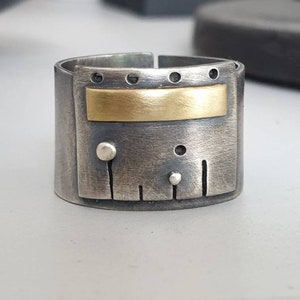 Breiter Band SilberRing - Geometrischer Ring Mix Aus metall silber und messing