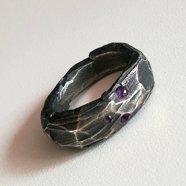 Statement silver woman ring with amethyst - raw - oxidized - industrial - cool - chunky - Croatian jewelry