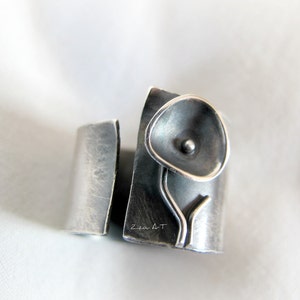 Wide Band Silver Flower Ring for women christmas unique image 5