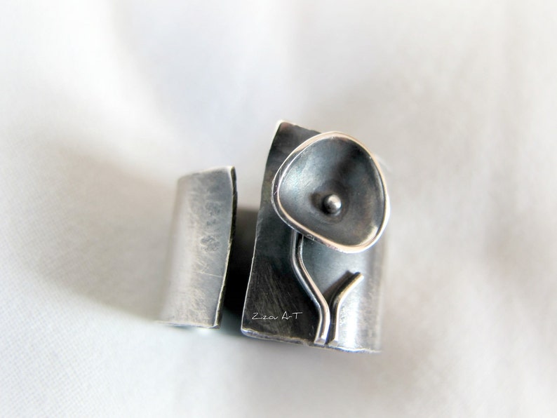 Silver Wide Band Ring Wide Band Silver Ring for women Sterling Silver Flower Ring