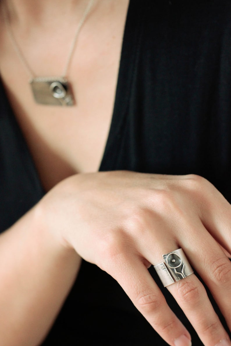 Silver Wide Band Ring Wide Band Silver Ring for women Sterling Silver Flower Ring