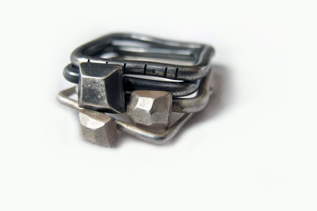 Sterling Silver Square Stacking Rings - Oxidized & Raw Finish - Boho ...