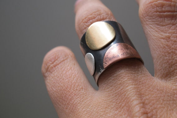 Mixed Metal Wide Band Ring: Sterling Silver, Brass & Copper