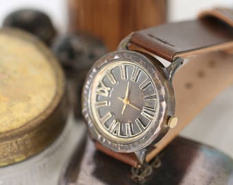 Vintage Handcraft Wrist Watch with Handstitch Leather Band /// FinM - - Perfect Gift for Birthday, Anniversary