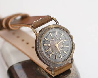 Vintage Retro Handcraft Wrist Watch with Handstitch Leather Strap /// AncientR - Perfect Gift for Birthday, Anniversary