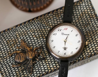 Vintage Handcraft Woman Wrist Watch with Handstitch Leather Band /// UnniR - Perfect Gift for Birthday, Anniversary