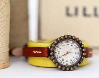 Vintage Handcraft Woman Wrist Watch with Handstitch Leather Band /// MilkballR - Perfect Gift for Birthday, Anniversary