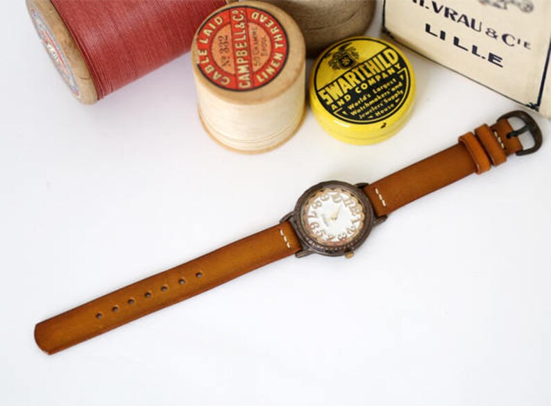 Vintage Handcraft Wrist Watch with Handstitch Leather Band /// LinaR Perfect Gift for Birthday, Anniversary image 3