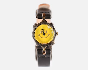 Vintage Handmade Wrist Watch with Handstitch Leather Band /// YellowSmileR - Perfect Gift for Birthday, Anniversary