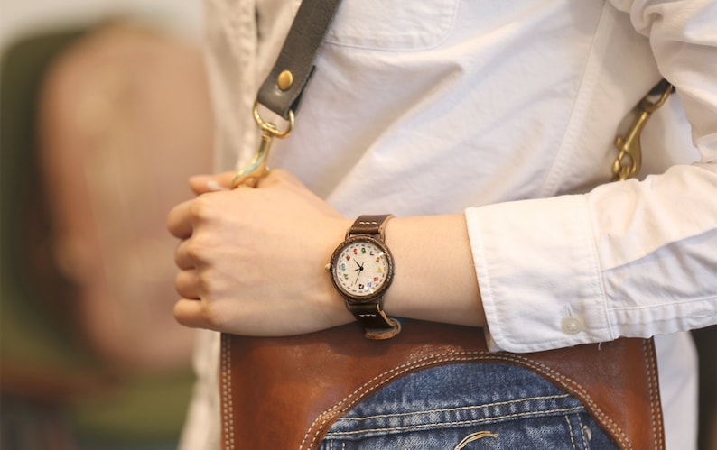 Handstitched Handcraft Wrist Watch with Vegetable Leather Band /// YumYumR Perfect Gift for Birthday, Anniversary image 5