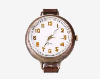 Vintage Handmade Wrist Watch with Handstitch Leather Band /// BrunoYum - Perfect Gift for Birthday, Anniversary