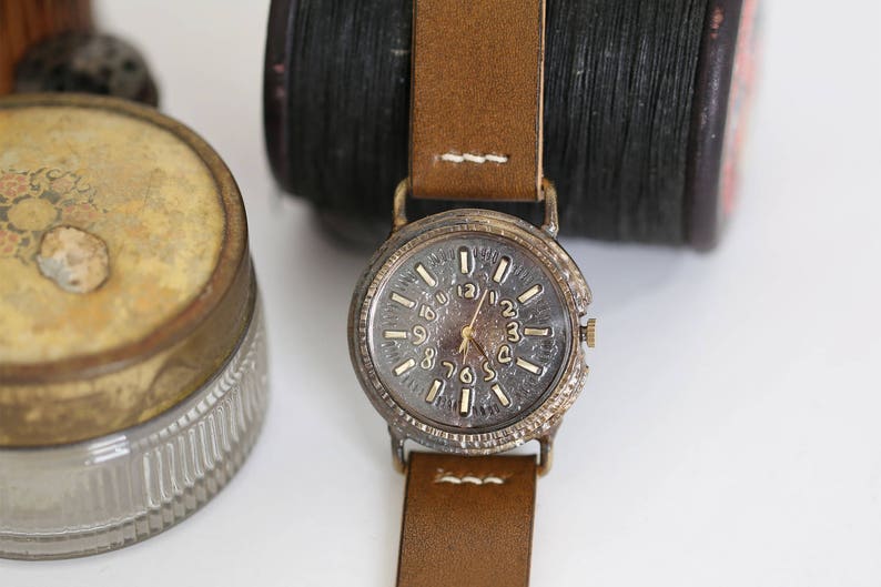 Vintage Retro Handcraft Wrist Watch with Handstitch Leather Strap /// AncientR Perfect Gift for Birthday, Anniversary image 4