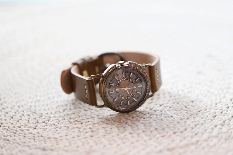 Vintage Retro Handcraft Wrist Watch with Handstitch Leather Strap /// AncientR Perfect Gift for Birthday, Anniversary image 2