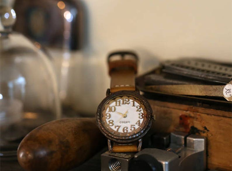 Vintage Handcraft Wrist Watch with Handstitch Leather Band /// LinaR Perfect Gift for Birthday, Anniversary image 5