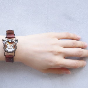 Vintage Retro Handcraft Watch with Handstitch Leather Band /// A cute Cat Watch NekoNekoR Perfect Gift for Birthday, Anniversary image 5