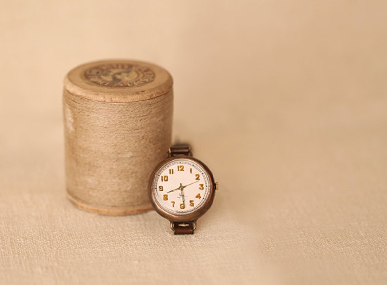 Vintage Handmade Wrist Watch with Handstitch Leather Band /// BrunoYum Perfect Gift for Birthday, Anniversary image 3