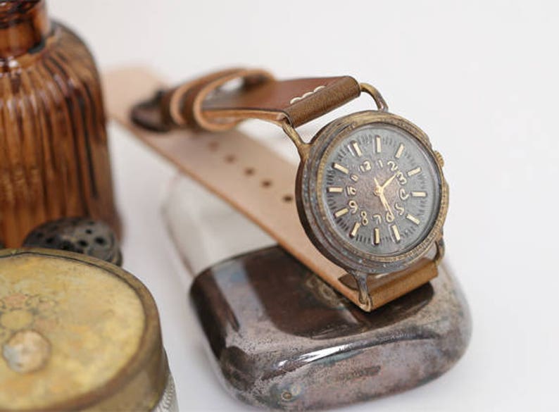 Vintage Retro Handcraft Wrist Watch with Handstitch Leather Strap /// AncientR Perfect Gift for Birthday, Anniversary image 1