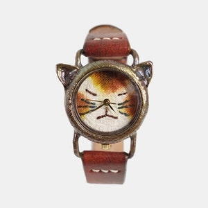 Vintage Retro Handcraft Watch with Handstitch Leather Band /// A cute Cat Watch NekoNekoR Perfect Gift for Birthday, Anniversary image 4