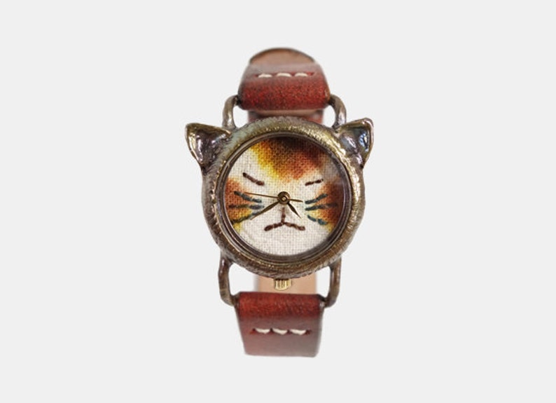 Vintage Retro Handcraft Watch with Handstitch Leather Band /// A cute Cat Watch NekoNekoR Perfect Gift for Birthday, Anniversary image 4