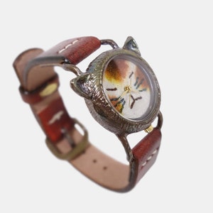 Vintage Retro Handcraft Watch with Handstitch Leather Band /// A cute Cat Watch NekoNekoR Perfect Gift for Birthday, Anniversary image 3