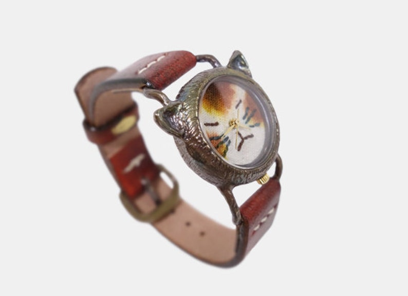 Vintage Retro Handcraft Watch with Handstitch Leather Band /// A cute Cat Watch NekoNekoR Perfect Gift for Birthday, Anniversary image 3