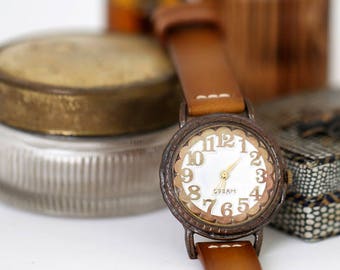 Vintage Handcraft Wrist Watch with Handstitch Leather Band /// LinaR - Perfect Gift for Birthday, Anniversary