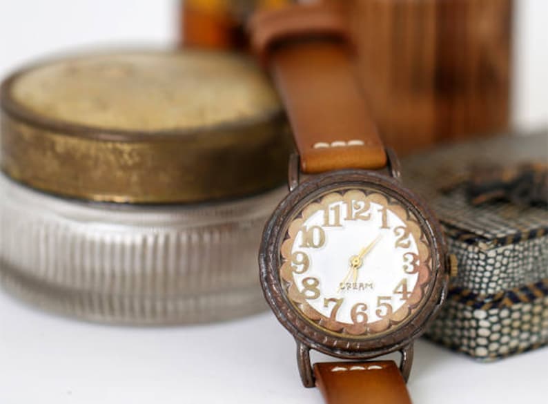 Vintage Handcraft Wrist Watch with Handstitch Leather Band /// LinaR Perfect Gift for Birthday, Anniversary image 1