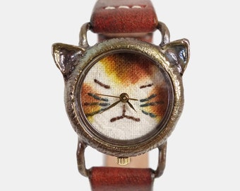Vintage Retro Handcraft Watch with Handstitch Leather Band /// A cute Cat Watch NekoNekoR - Perfect Gift for Birthday, Anniversary