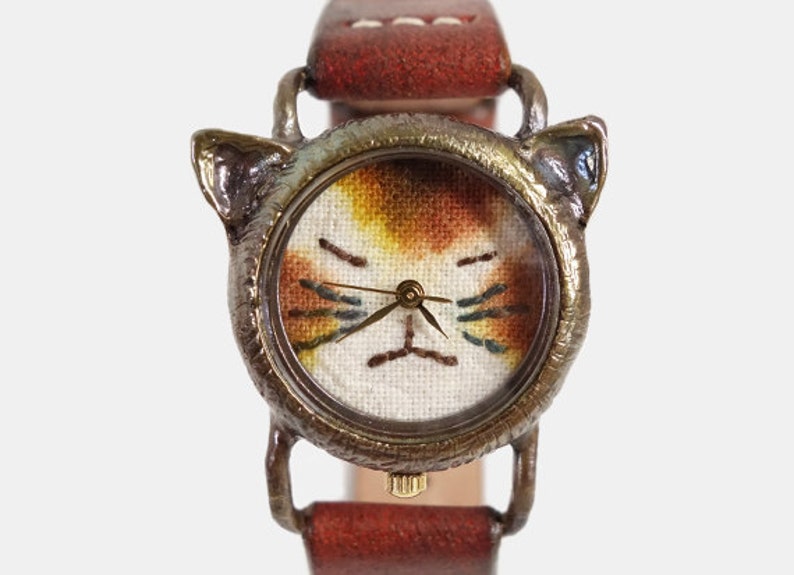 Vintage Retro Handcraft Watch with Handstitch Leather Band /// A cute Cat Watch NekoNekoR Perfect Gift for Birthday, Anniversary image 1