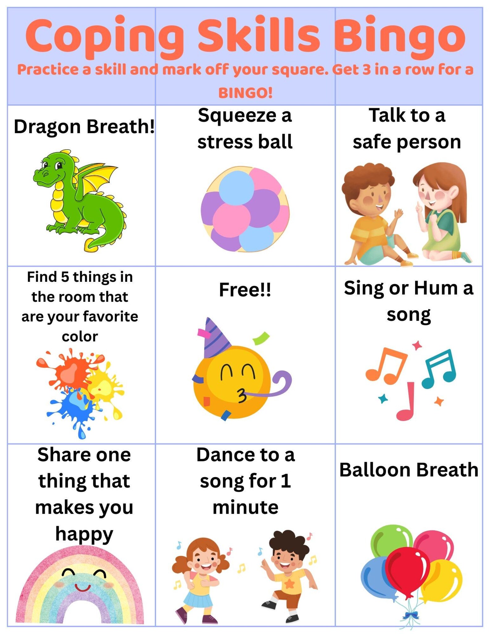 Coping Skills Bingo for Kids. Printable Mental Health Activity for ...