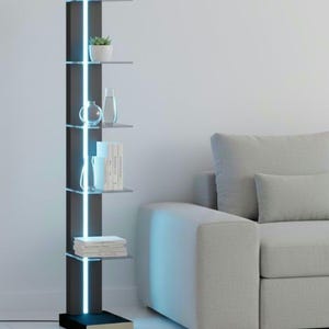 Puede incluir: Una estantería moderna, negra y plateada con iluminación LED azul integrada. Los estantes exhiben una pequeña planta en maceta, botellas de vidrio decorativas, una taza y libros. La unidad está junto a un sofá gris.