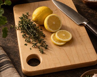 Solid Maple Cutting Board 14.5 x 9 Inch | One Piece Hardwood Kitchen Board | Serving Board with Handle Hole