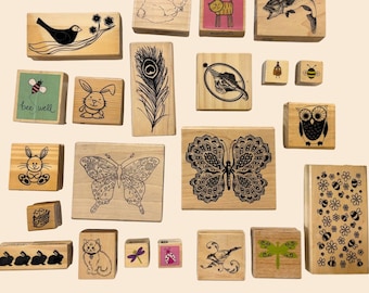 Sellos de animales y naturaleza: conejo, mariposa, gato, pájaro, pez, abeja, libélula, búho, mariquita. Materiales para hacer tarjetas y scrapbooking.