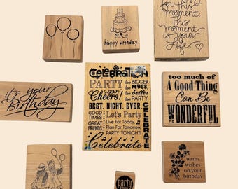 Sellos de goma con frases de cumpleaños, sellos de madera, álbumes de recortes, tarjetas y diarios, nuevos y usados.