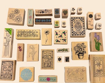 Floral Rubber Stamps for Cardmaking Scrapbooking – Wood Mounted Flowers & Garden Designs – Single Stamp Options