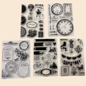 May include: Clear acrylic stamps with various vintage-themed designs. Includes clocks, banners, a typewriter, hot air balloon, and decorative frames. The stamps are perfect for scrapbooking, card making, and other paper crafts.