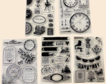 May include: Clear acrylic stamps with various vintage-themed designs. Includes clocks, banners, a typewriter, hot air balloon, and decorative frames. The stamps are perfect for scrapbooking, card making, and other paper crafts.