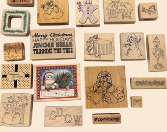 Sellos de goma navideños • Sellos vintage y modernos montados en madera • Papá Noel, muñeco de nieve, reno, saludos