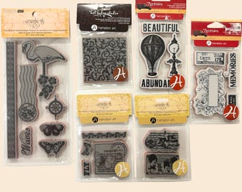 Lote de sellos de goma Hampton Art / Graphic 45 / 7gypsies / Hot Fudge Studio / Temas vintage y naturales