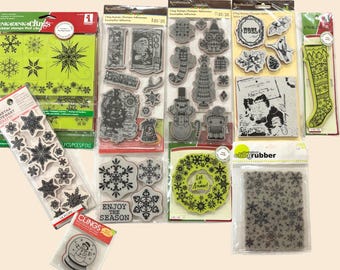 Lote de sellos de goma navideños / Navidad, Invierno, Copo de nieve, Calcetín navideño, Papá Noel, Árbol, Muñeco de nieve, Frases