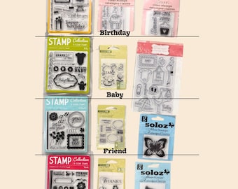 Sets de sellos transparentes: temas de cumpleaños, bebé, amistad y agradecimiento. Ideales para crear tarjetas, álbumes de recortes y manualidades.