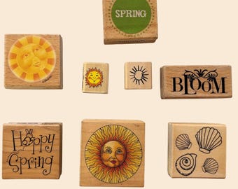 Sello de goma de primavera / Sello de sol / Sello de floración / Sello de madera para manualidades / Scrapbooking y fabricación de tarjetas
