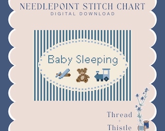 May include: A digital needlepoint stitch chart with a baby theme. The design features the text "Baby Sleeping" with illustrations of a plane, teddy bear, and train. The background has blue and white stripes, and the border is scalloped.